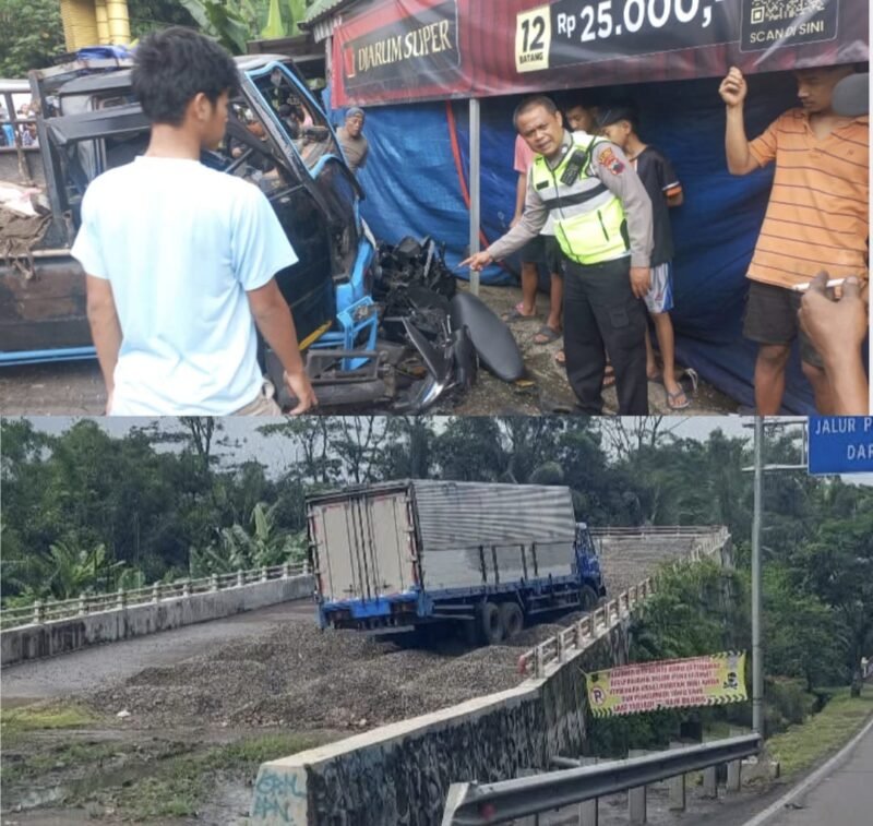 Kondisi kendaraan truk tronton dan L300 yang terlibat dalam kecelakaan di Simpang Empat Gamol.